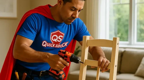 Handyman performing small carpentry work on a residential deck in South Surrey, wearing toolbelt and working with wood trim outdoors