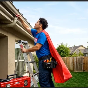 Handyman repairing and cleaning residential gutter Handyman repairing and cleaning residential gutter