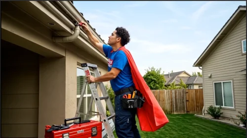 Handyman repairing and cleaning residential gutter